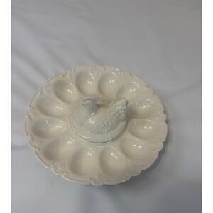 Vintage 1961 BCC white ceramic 12 slot egg platter with hen sauce lid